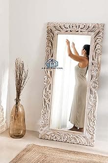 Wooden Carved Decorative Rectangular Wall Mirror Frame in Solid Mango Wood Without Mirror (Size 5 * 3 Ft) (White) (White Distress)