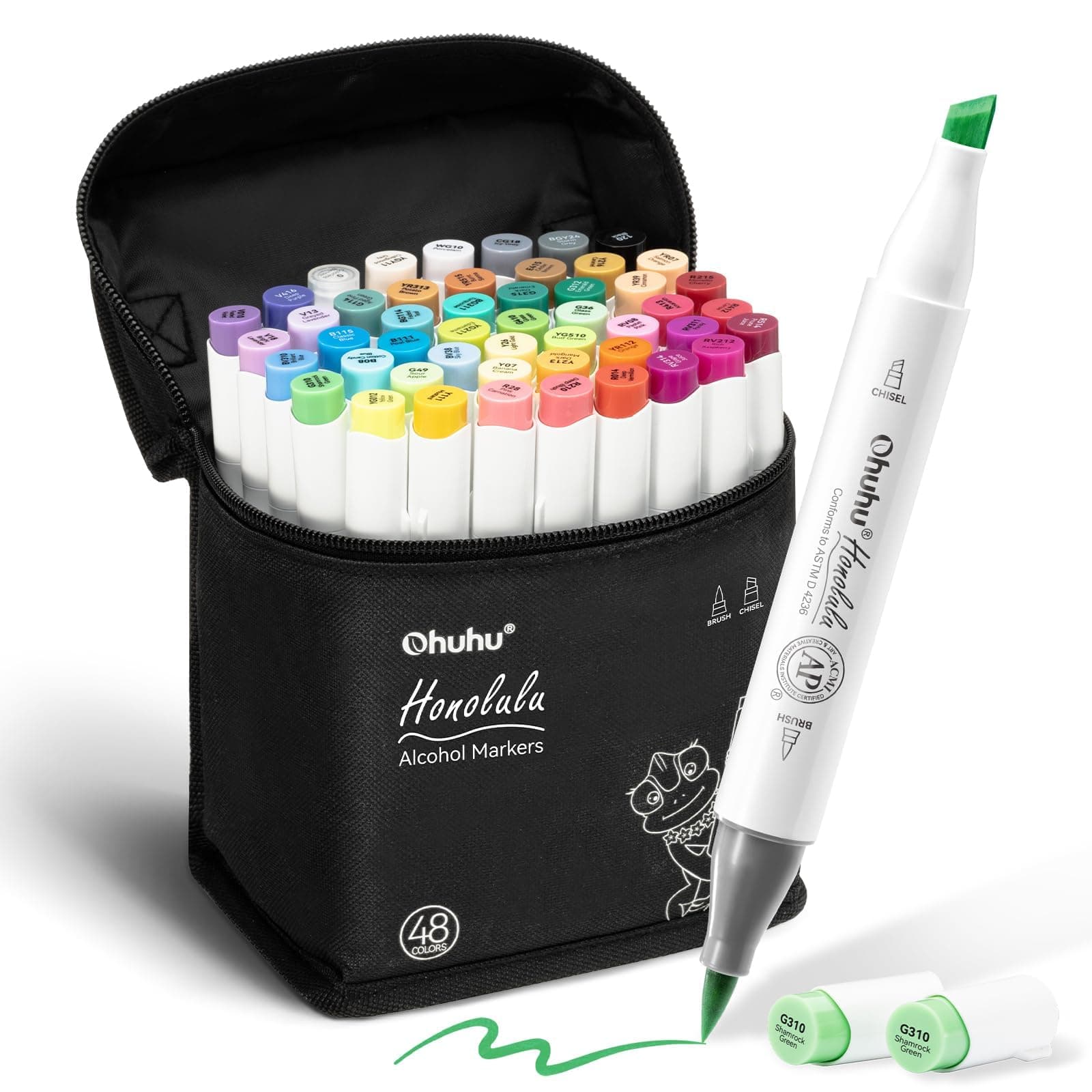 Ohuhu Alcohol Markers 48 Colors: Dual Tips Alcohol Marker for Artists Adults Coloring Sketch Illustration - w/ 1 Colorless Blender - Honolulu & B Series (Brush & Chisel)