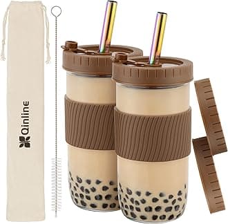 Reusable Glass Mason Jars Cups with Lids and Straws Silicone Sleeves, 2 Pack 24Oz Wide Mouth Smoothie Cups Glass Bubble Tea Cup Leakproof drinking glasses Travel Tumbler for Large Pearl Birthday Gifts