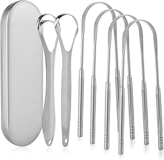 - 6 Pack Tongue Scrapers - Reusable & Easy to Clean Tongue Scrubber with Travel Case for Adults & Kids - Medical-Grade 100% Stainless Steel Tongue Cleaner for Fresh Breath & Oral Care