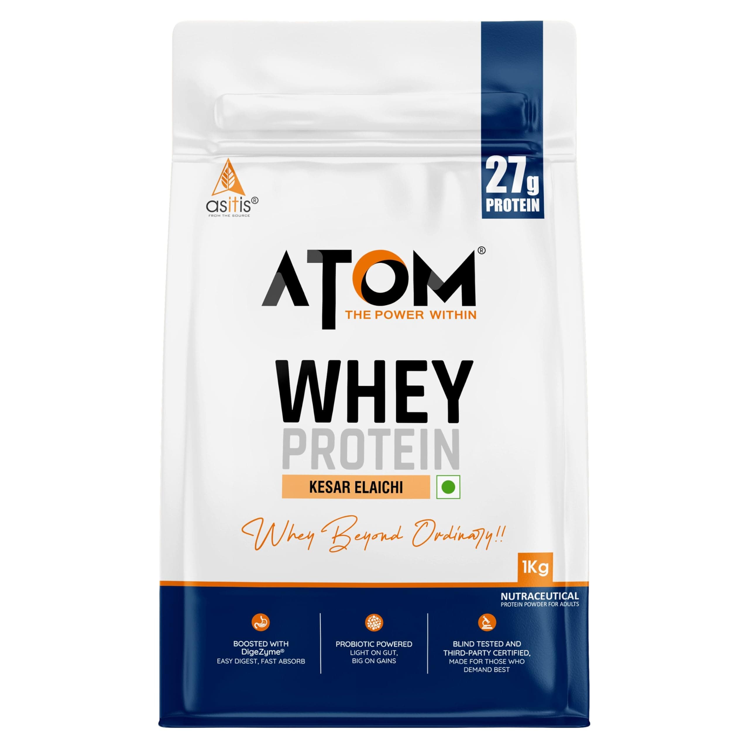 AS-IT-IS ATOM Whey Protein 1kg with Digestive Enzymes | Kesar Elaichi Flavor | 27g protein | 5.7g BCAA | Lab Tested