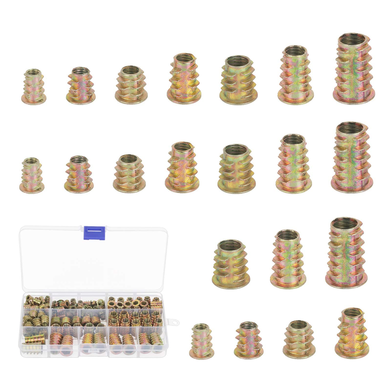 CHIFOOM 125pcs Hex Socket Screw-in Nuts,Zinc Alloy Inserts Nut Flat Head Threaded Rivet Assortment Tool Kit with Storage Box for Wood Furniture Assembly Craftsman (M4/ M5/ M6/ M8/ M10)