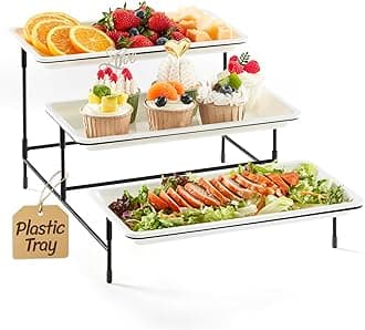 Lifewit 3 Tier Serving Tray for Party Supplies, 12 x 6.5" Plastic Platters for Food, White Reusable Trays with Black Metal Display Stand for Buffets, Cake, Snack, Veggie, Fruit, Cookies, Dessert