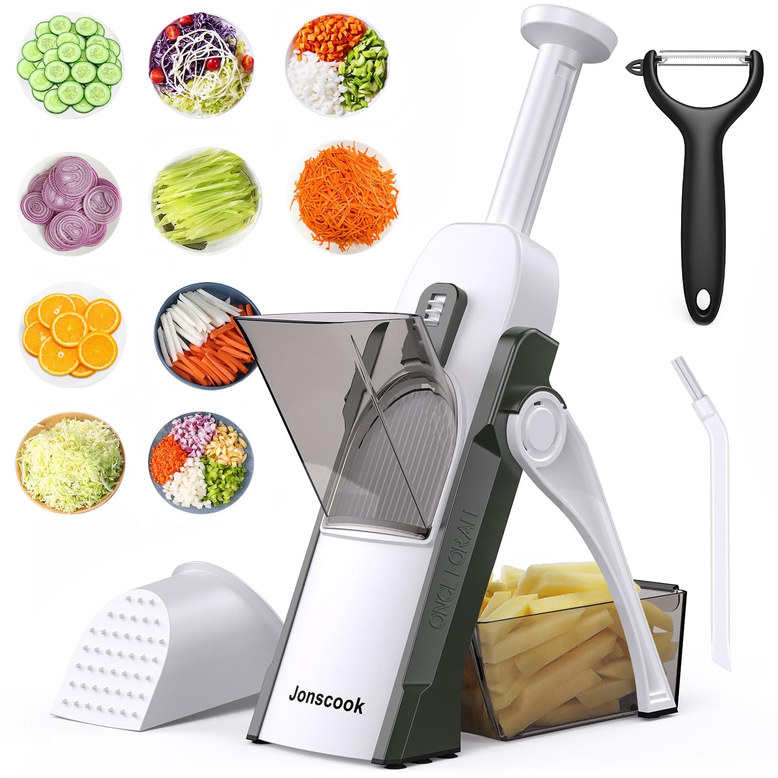 Safe Mandoline Slicer for Kitchen, Adjustable Thickness 0.1-8 mm, 5 in 1 Multi Vegetable Chopper, Potato Slicer, Food Chopper French Fry Cutte, with Paring Knife/Cleaning Brush, Mandolin (GreenBlack)