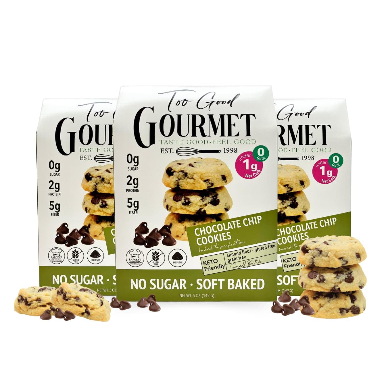 Too Good Gourmet Keto Chocolate Chip Cookies 3 Pack | Low Carb Snacks | Sugar-Free Snacks for Kids & Adults | Grain Free, Soft Baked Keto Friendly Food Desserts | Gluten-Free - 5 Ounce Each