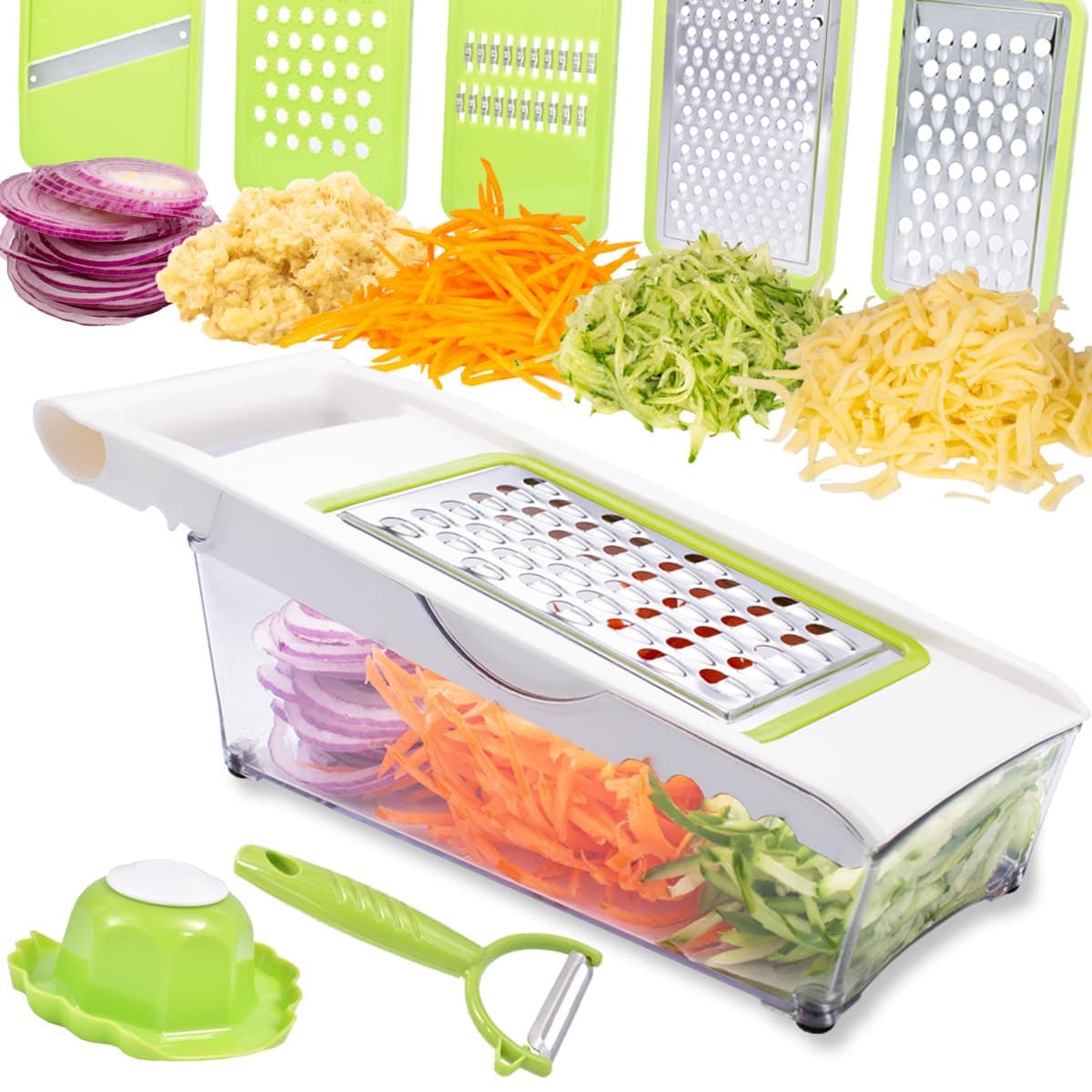 Cheese Grater with Container,5 In 1 Mandoline Slicer for Kitchen,Multi Purpose Vegetable Slicer, Easy to Clean Vegetable Chopper,Cheese Shredder,Julienne Slicer and Peeler