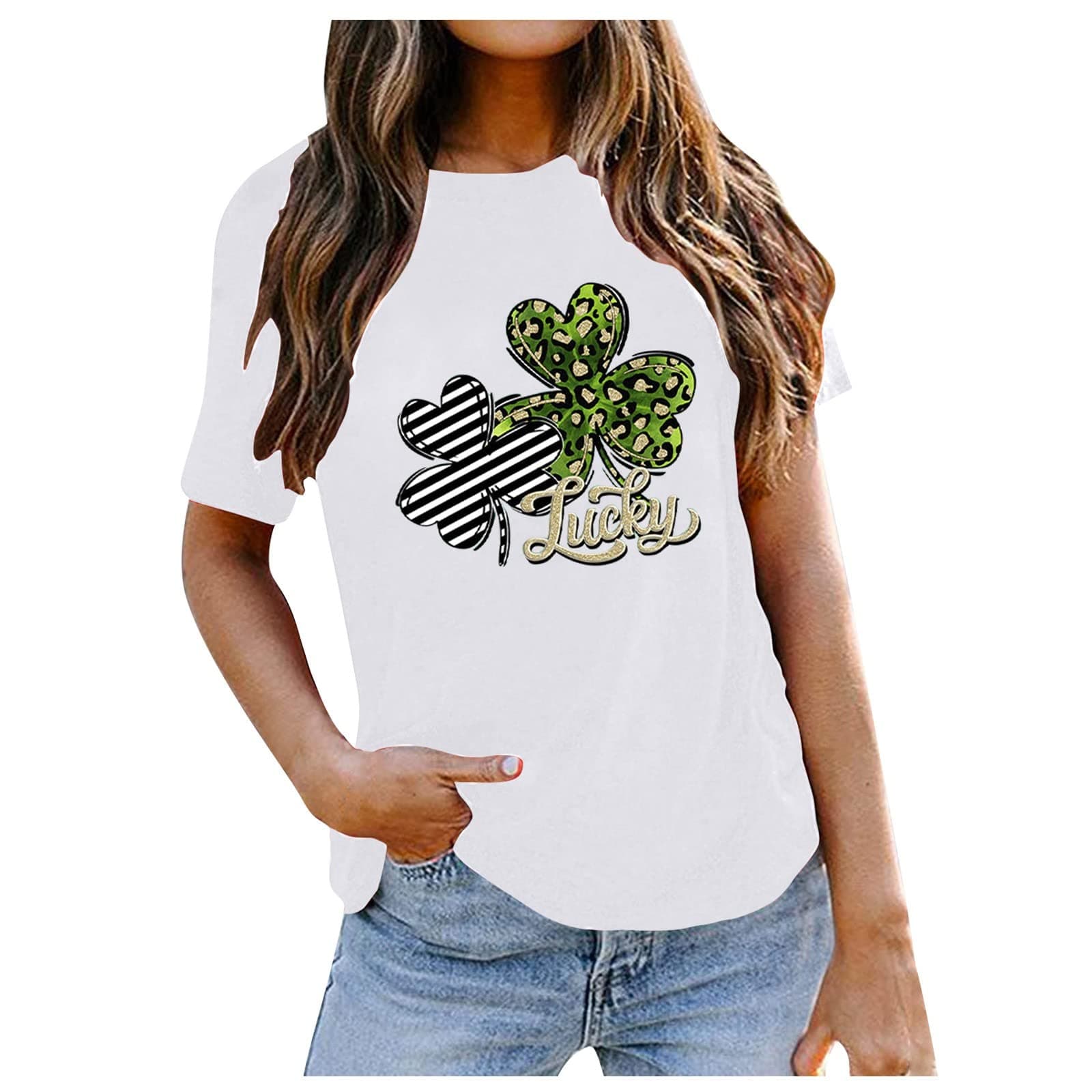 Women's Hide Belly Round Neck Blouses Classic-Fit St. Patrick's Day Print T Shirt Temperament Short Sleeve Tops