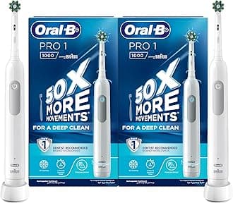 Pro 1-1000 Rechargeable Toothbrush 1+1 Bundle - 3D Cleaning, Pressure Sensor, Electric Toothbrush with CrossAction brush head - White