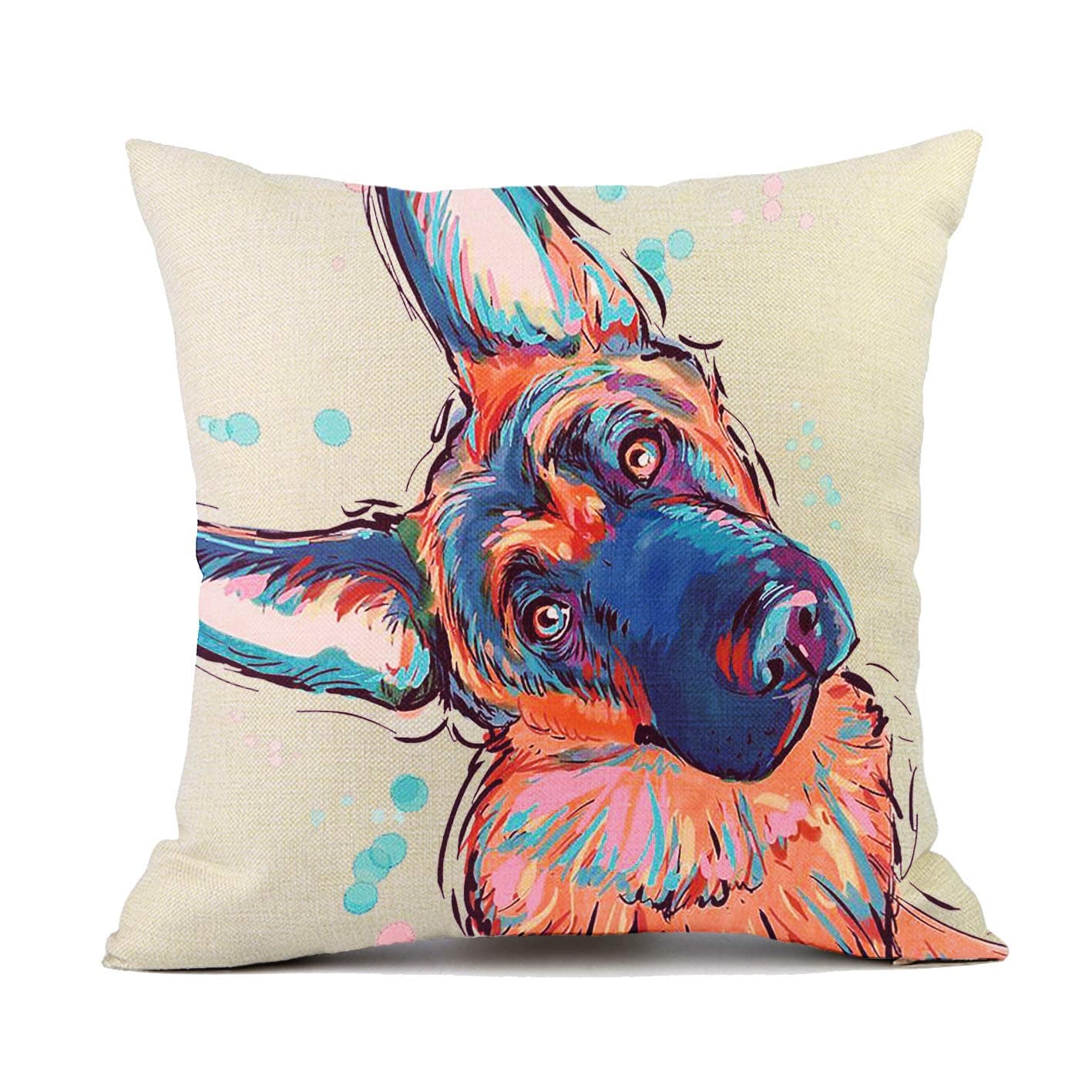 German Shepherd Throw Pillow Cover Linen- Abstract Colorful Art Design, 18 * 18 Inch Linen Pillowcase for Dog Lovers Gifts for Women, Perfect Home Decor Gift for Women and Pet Owners