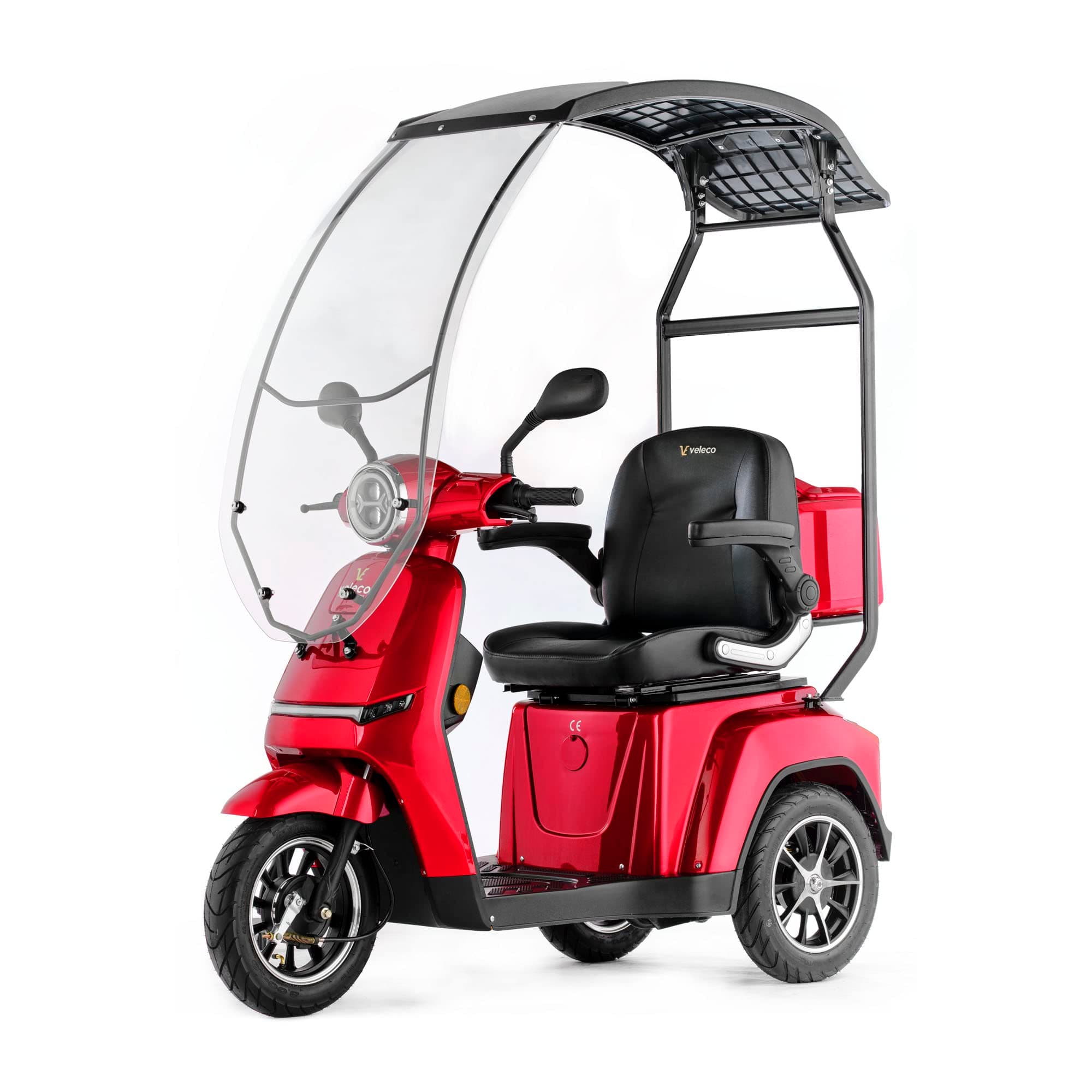 VELECO TURRIS with Canopy- 3 Wheeled Mobility Vehicle - Fully Assembled and Ready to use - Full LED Lights - High Contrast Display - Alarm System (Red)