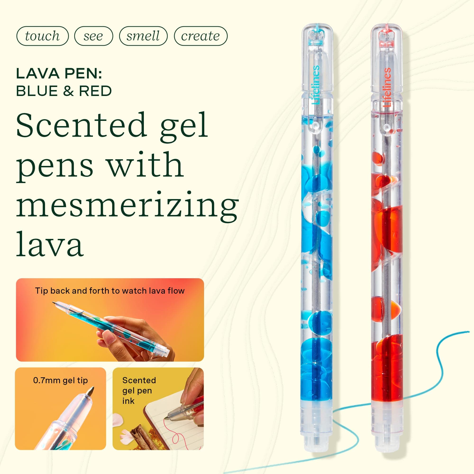 Lifelines Scented Lava Gel Pen Set, 2-Pack (Blue & Red) - 0.7mm Colored Gel Pens Infused with Scented Essential Oil Blends & Mesmerizing Lava - School Supplies for College & Adults