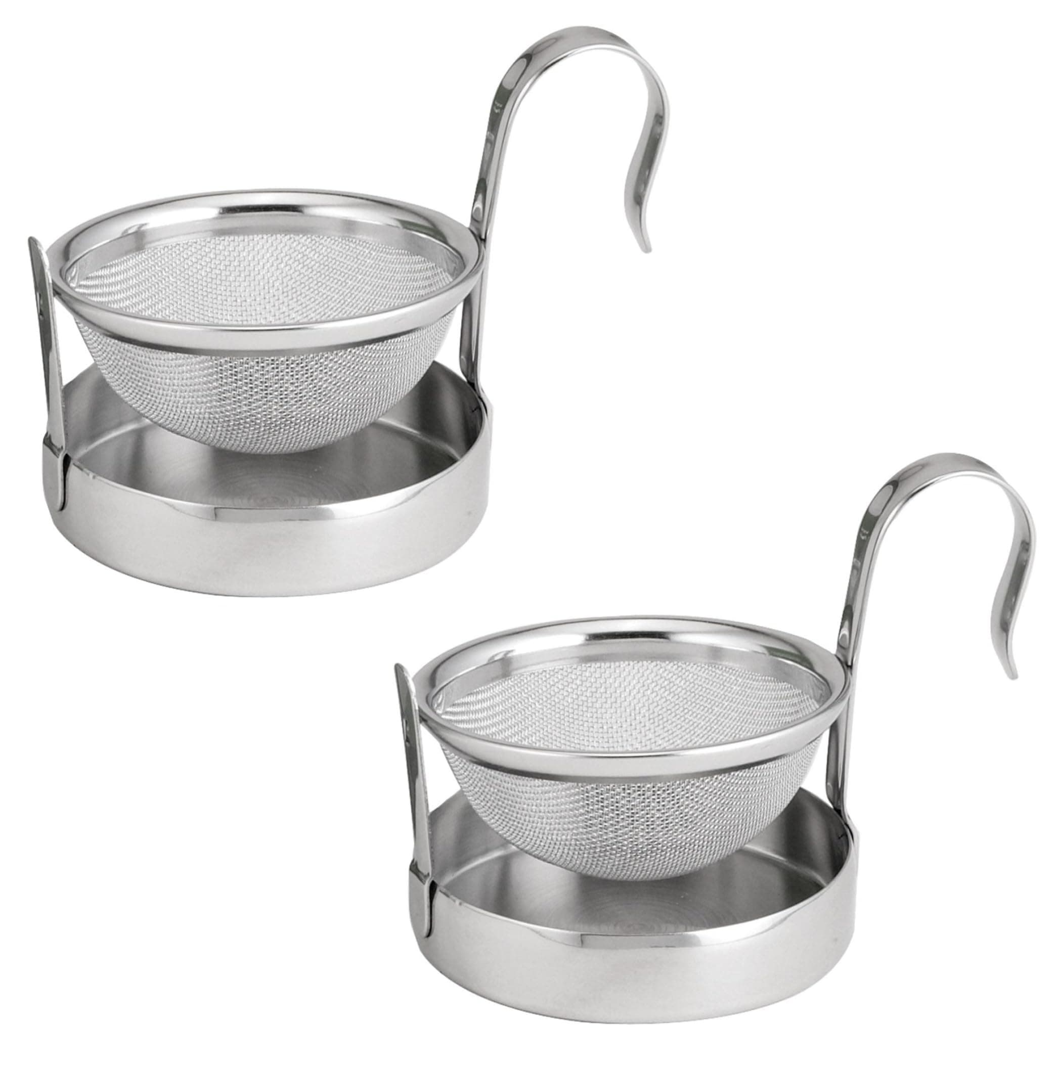 HIC Kitchen Tip Tea Strainer, 18/8 Stainless Steel, Loose Leaf Tea Filter With Drip Tray, Mess-Free Tea Serving, Set of 2