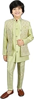 AHHAAAA Kids Ethnic Silk Blend Waistcoat Kurta Pyjama Sherwani Set For Boys