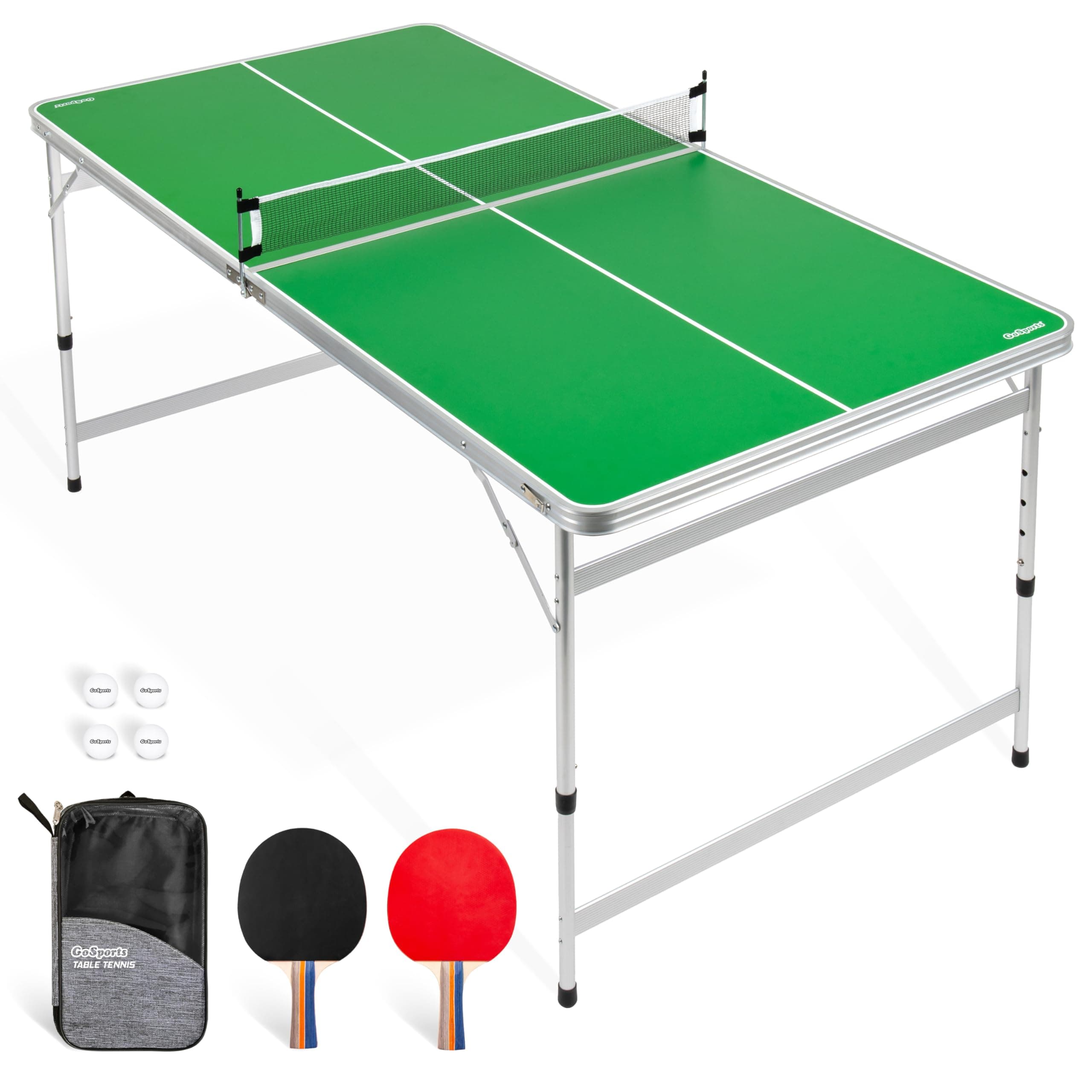GoSports 6 x 3 ft Mid-Size Table Tennis Table Set with Adjustable Height - Green or Blue