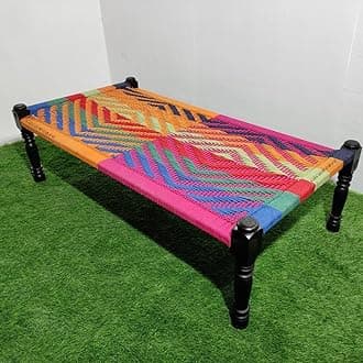 Solid Sheesham Wood Handmade Rajasthani Charpai | Cotton Rope Khatiya Charpai Single Bed Without Storage | Wooden Cot Bed | Khatiya-Khaat | 6X3 Feet, Color - Colorful (Blue-Multi)