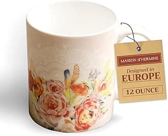 Maison d' Hermine Coffee Mug with Handles Fine Bone China Mugs Pack of One Tea Cups for Hot Beverages Cappuccino Latte Home Restaurant Office Easter Gifts (Ibiza - Beige - Rose, 12 Ounce)