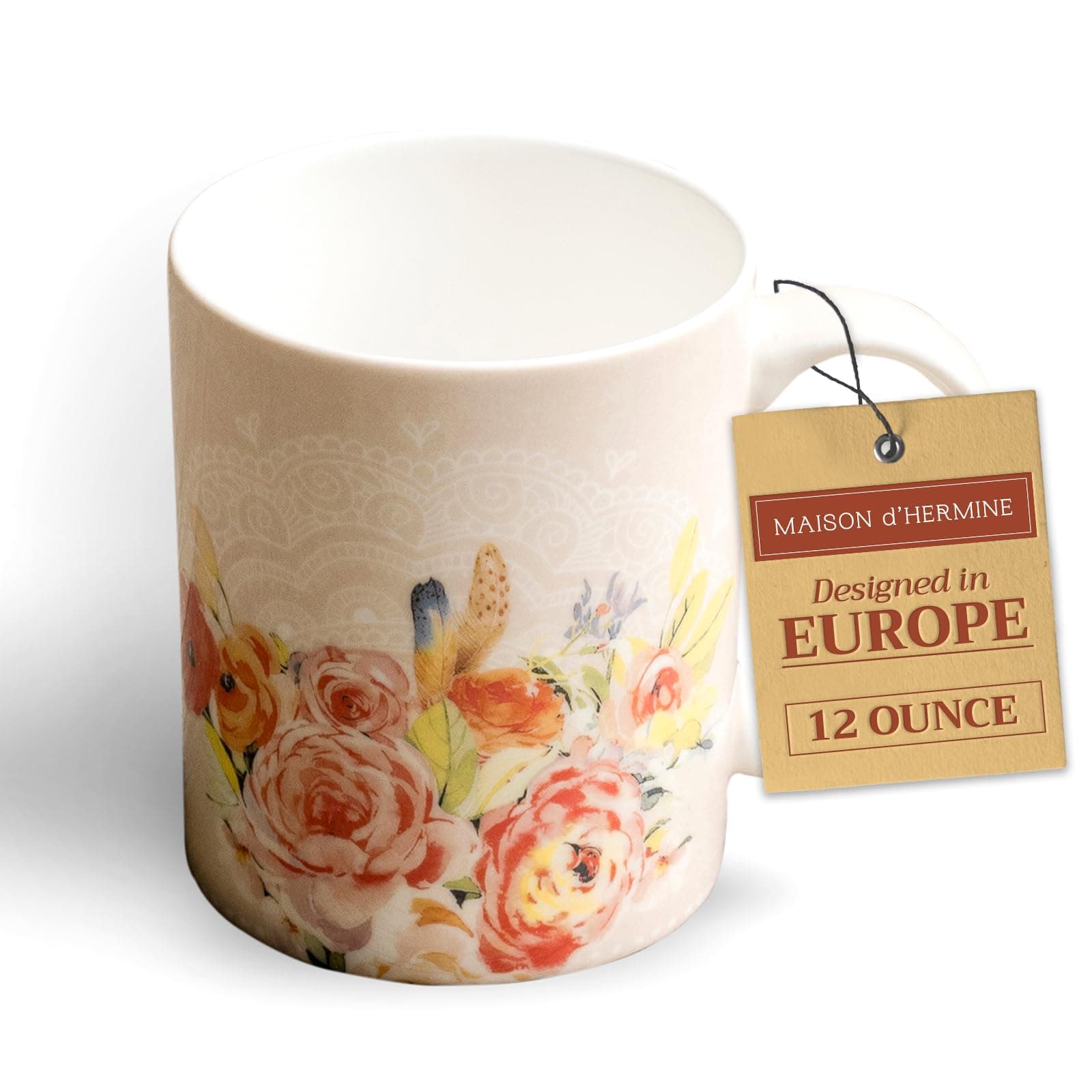 Maison d' Hermine Coffee Mug with Handles Fine Bone China Mugs Pack of One Tea Cups for Hot Beverages Cappuccino Latte Home Restaurant Office Easter Gifts (Ibiza - Beige - Rose, 12 Ounce)