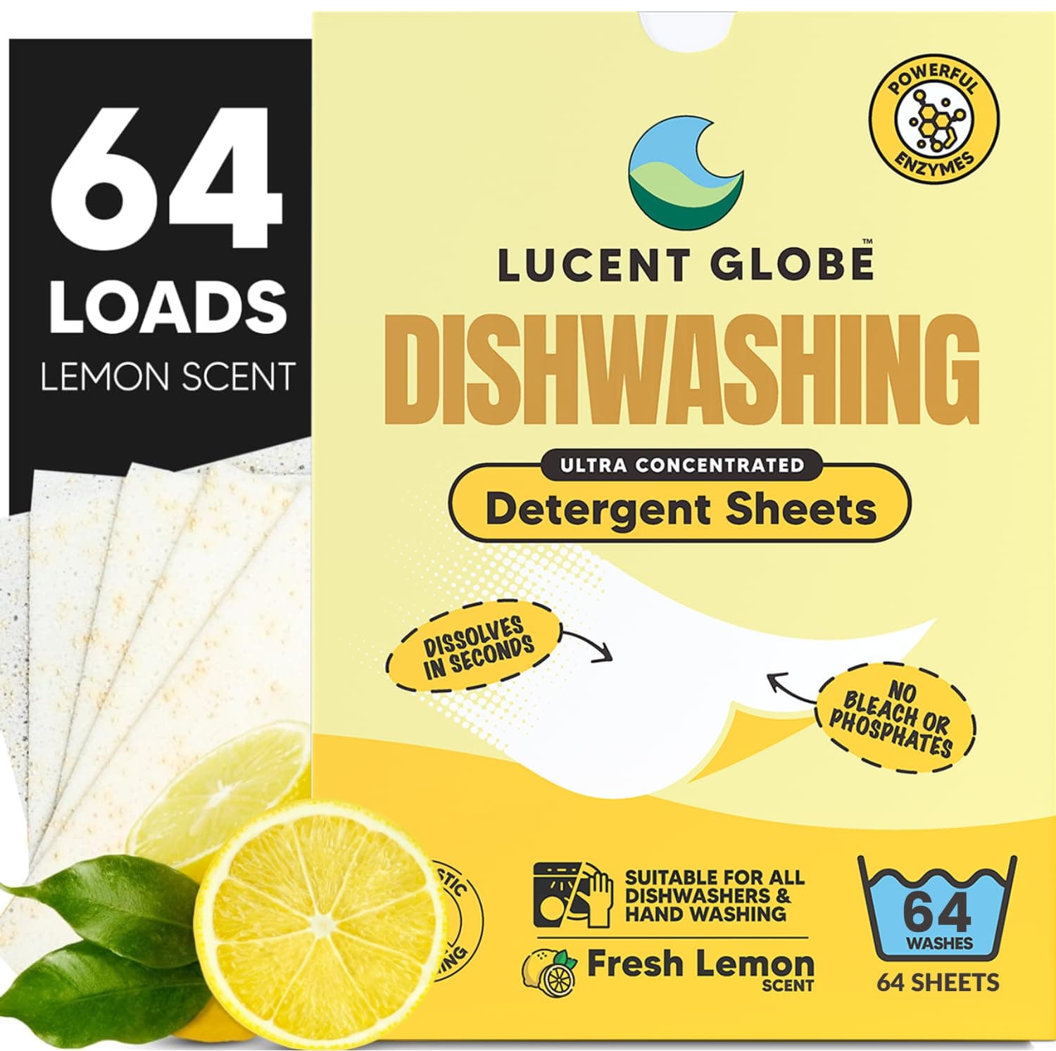 Lucent Globe Dishwasher Dishwashing Detergent Sheets, Dish Soap & Dishwasher Tablets Alternative. Plant-Based, Eco-Friendly, Fully Biodegradable, Lemon Scent (1 Pack of 64 Washes)