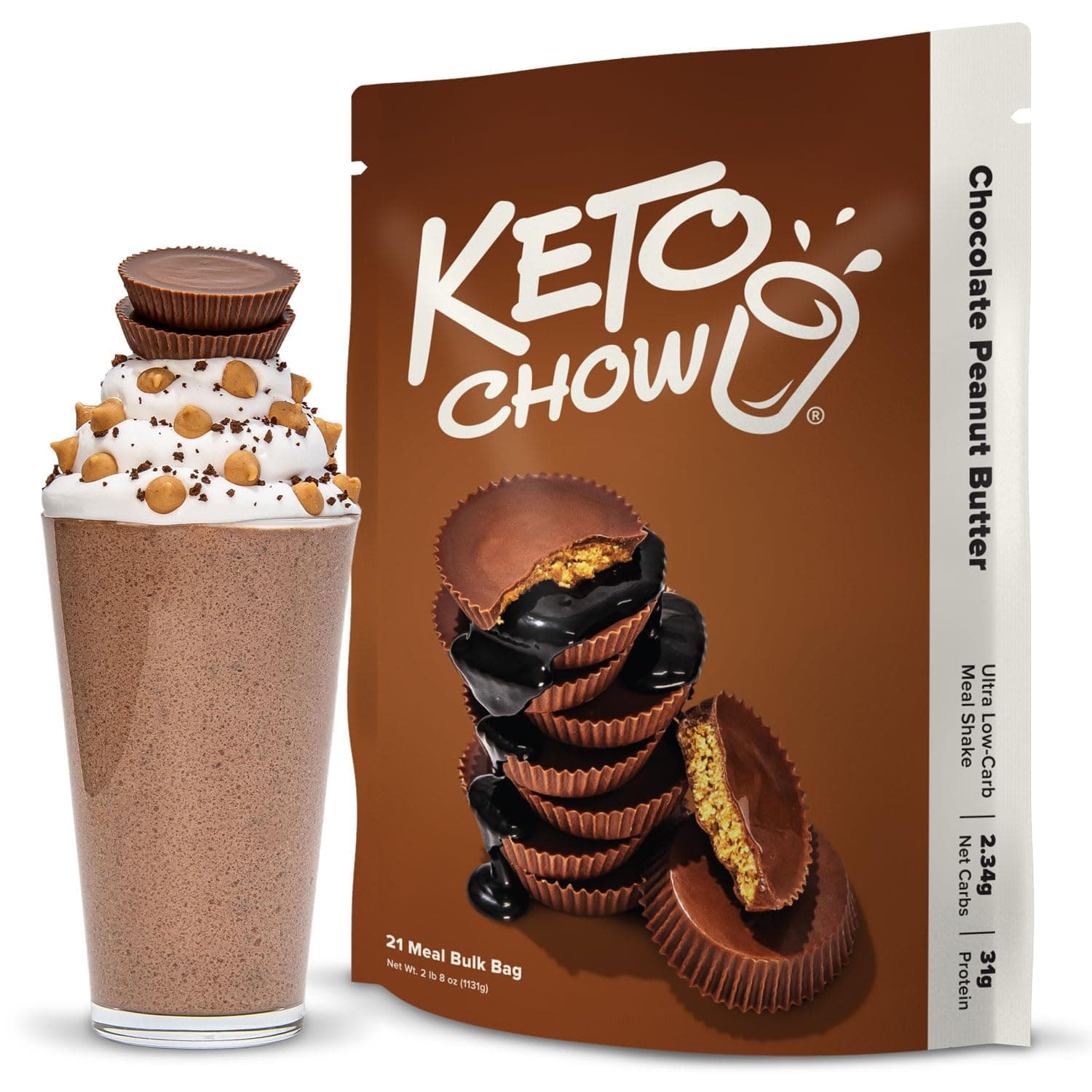 Keto Chow Chocolate Peanut Butter | Keto Meal Replacement Shake Powder | Nutritionally Complete | Low Carb | Delicious Easy Meal Substitute | Protein Rich You Choose The Fat | 21 Meal Serving