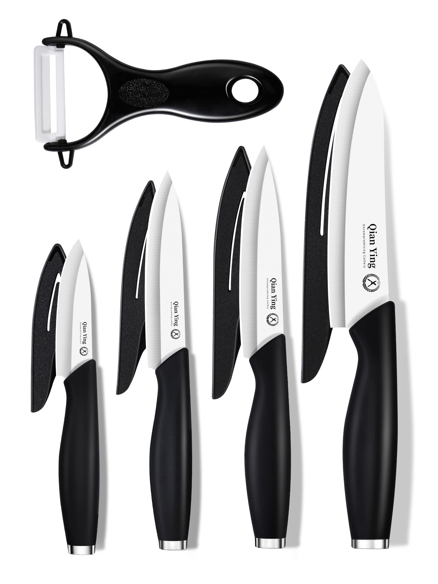 Ceramic Knife Set for Kitchen with Sheath: 100% Zirconia Pure Ceramic Sharp Blade Fruit Cutting Knives 9Pcs with Cover Rustproof Clean Cut Edge Black Handle, No Scratches on Titanium Cutting Boards