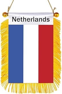 WXTWK 3 X 5 Inch Netherlands Flag Dutch Window Hanging Flag Small Mini Car Flags Banners Rearview Mirror Decoration With Suction Cup Golden Fringy Banner