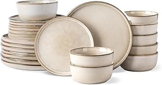 GBHOME Ceramic Dinnerware Sets for 8, 24 Pieces Stoneware Plates and Bowls Sets, Chip and Scratch Resistant Dishes, Dishwasher & Microwave Safe, Reactive Glaze-Cappuccino