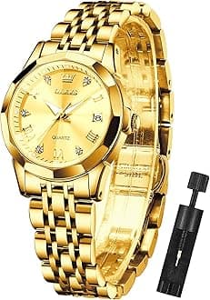 Womens Watch Fashion Dress Diamond Female Watches for Ladies Analog Quartz Stainless Steel Waterproof Luminous Day Date Two Tone Wristwatch