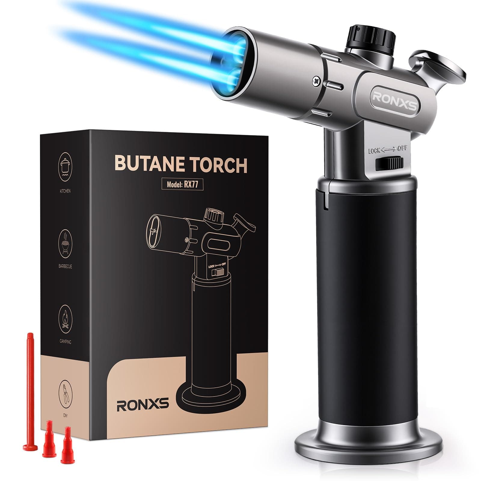 RONXS Torch Lighter, Refillable Kitchen Butane Torch, Cooking Torch with Safety Lock and Adjustable Single/Dual Flame for Creme Brulee, BBQ, Baking, Crafts and Soldering (Butane Gas Not Included)