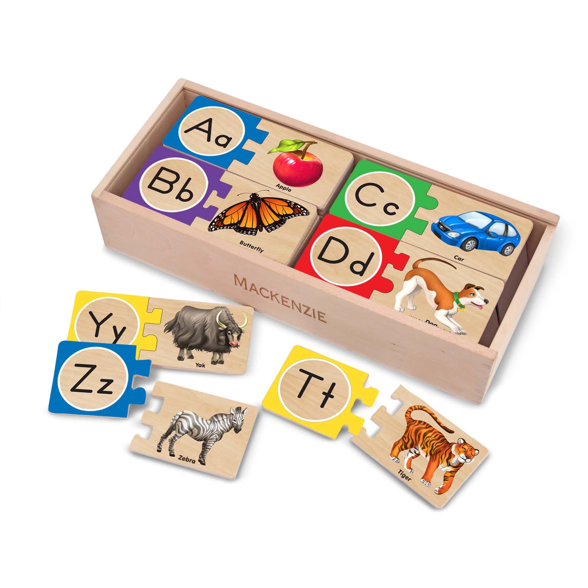 Self-Correcting Alphabet Letter Puzzles (Developmental Toys, Wooden Storage Box, Detailed Pictures, 52 Pieces, 3? H × 13.75? W × 5.75? L), Kids