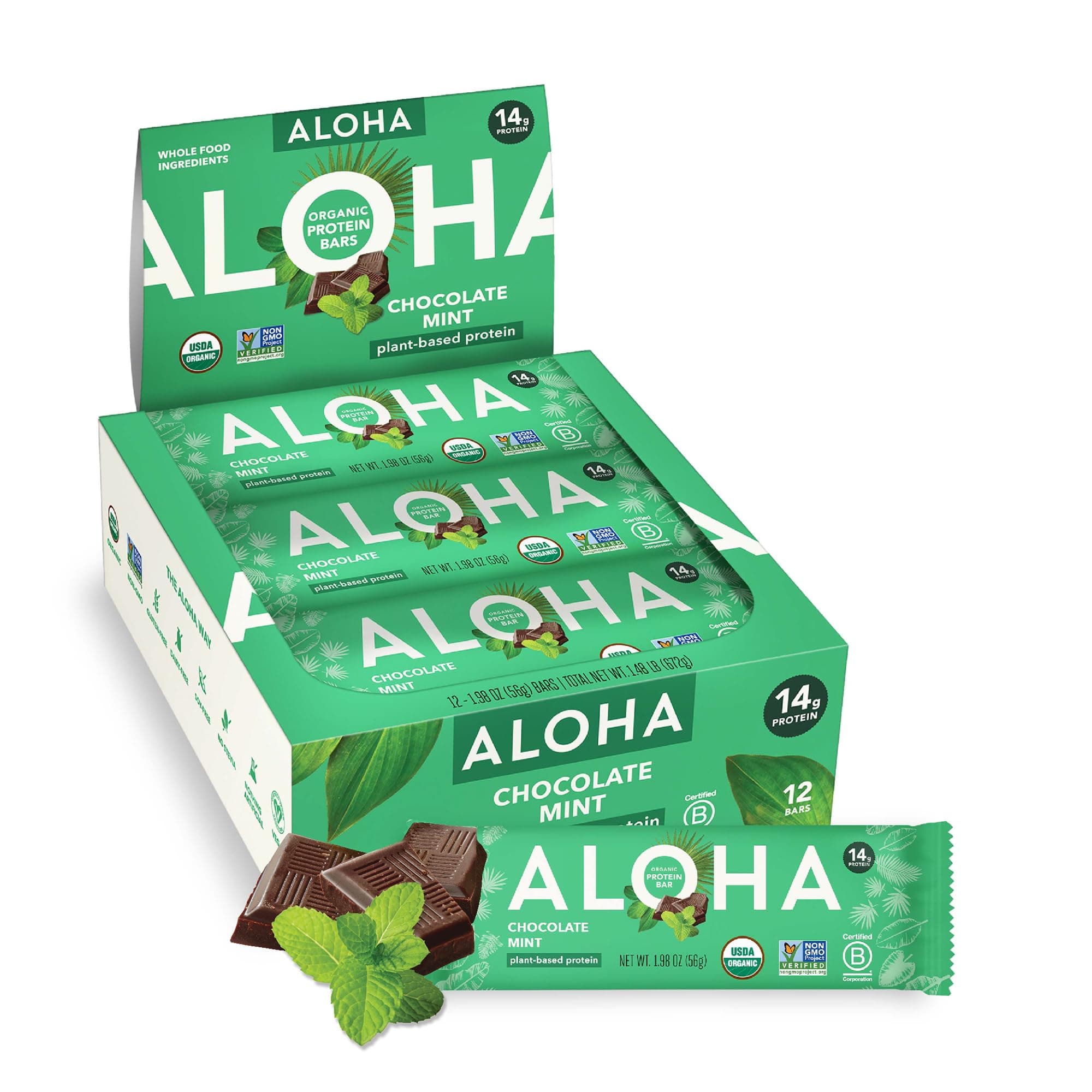 ALOHA Organic Plant Based Protein Bars | Chocolate Mint | 12 Count, 1.9oz Bars | Vegan, Low Sugar, Gluten Free, Paleo, Low Carb, Non-GMO, Stevia Free, Soy Free, No Sugar Alcohols