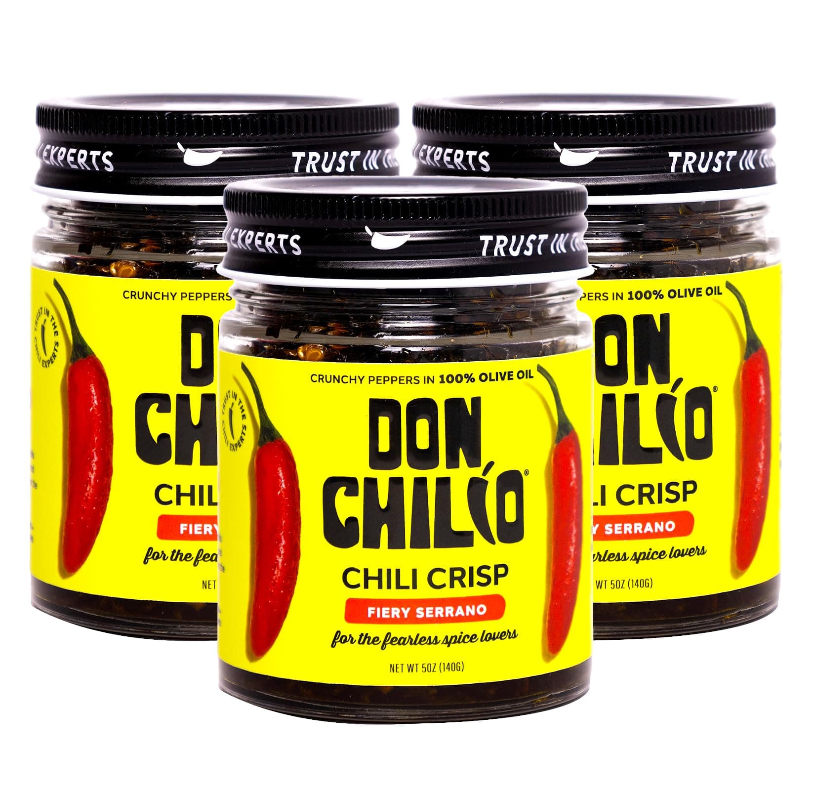 Don Chilio Medium Heat Serrano Mexican Chile Crisp, 5 oz, 3 Pack – Crunchy Sliced Serrano Fried Chili Peppers in Hot Seasoned 100% Olive Oil – Keto-Friendly, Vegan, Gluten Free