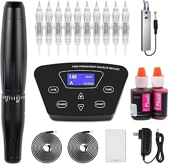 Permanent Makeup Tattoo Machine Kit-BIOAMSER P300 Permanent Makeup Kit with Foot Pedal Touch Control Power Supply Rotary Tattoo Machine Pen Practice Skin 2 Microblading Inks 10pcs Cartridge Needles