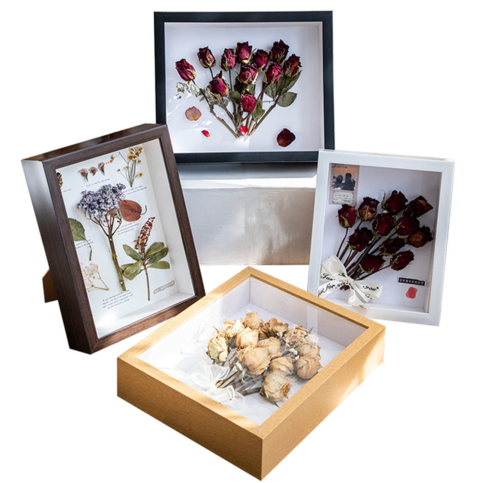 3D Flowers Shadow Box Picture Frame Crafts Display Case Wooden Deep Photo Frames Hollow 3Cm/6Cm Depth Wedding Bouquet Memorabilia Medals Photos Memory For Keepsakes Desktop Wall Hanging