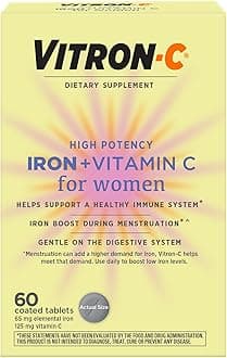 Vitron-C Iron Supplement & Immune Support, Once Daily, High Potency Iron with Vitamin C, Support Red Blood Cell Production, Dye Free Tablets, 60 Count