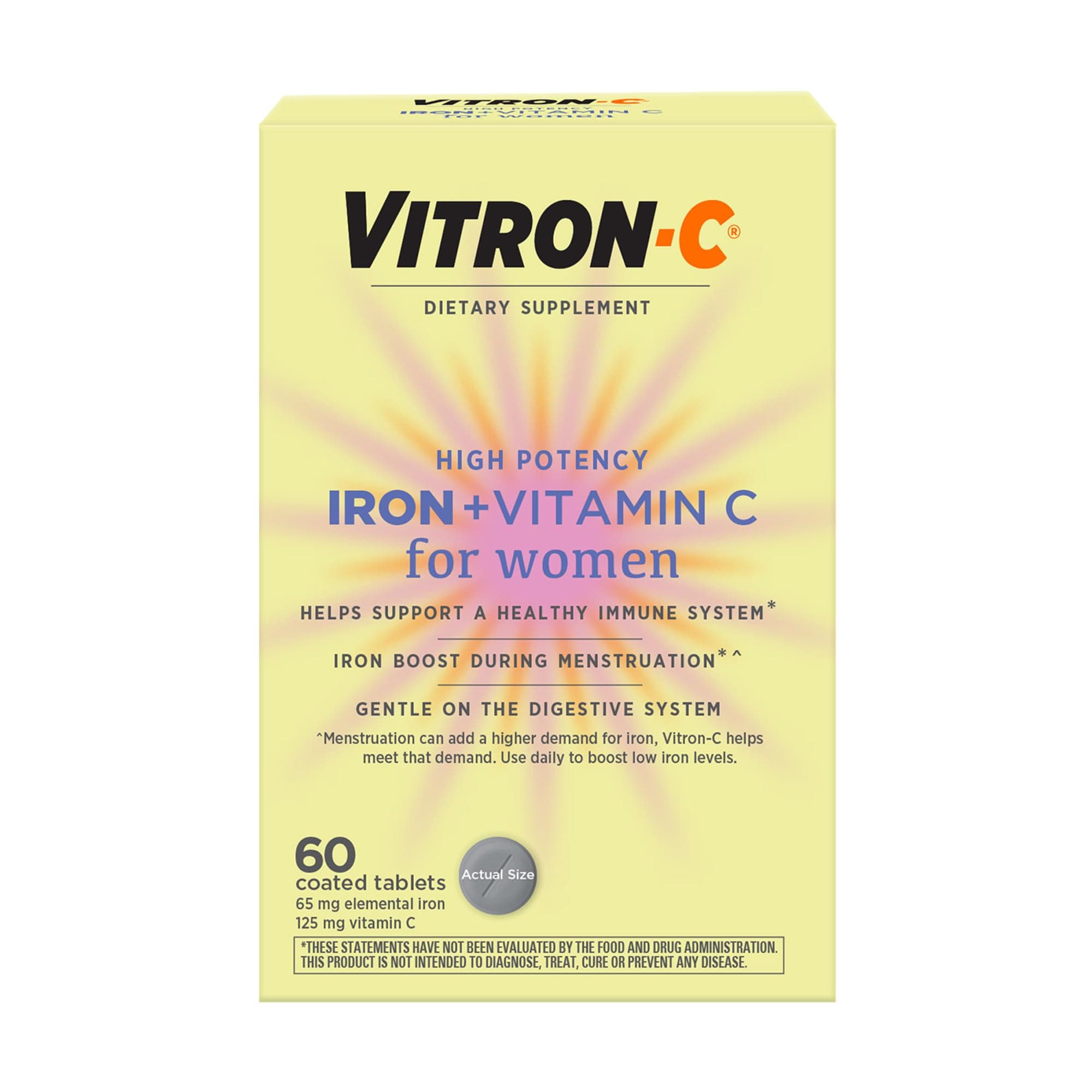 Iron Supplement & Immune Support, Once Daily, High Potency Iron with Vitamin C, Support Red Blood Cell Production, Dye Free Tablets, 60 Count