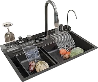 JINDAL 30x18x9 inches 304-Grade Stainless Steel Kitchen Sink with Piano Switch with Integrated Waterfall, Digital Display, Pull-out Faucet and RO Tap/Anty Stratch/Nano Coating /0220