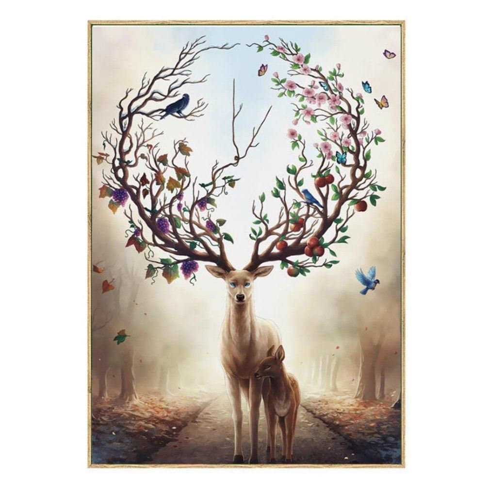 Gaoominy Wall Art Deer Stag with Long Antler Bloom and Bear Fruit Pictures Prints On Canvas Contemporary for Living Room Home Decor or Hotel Office Decor Decoration Gift Piece 20x28