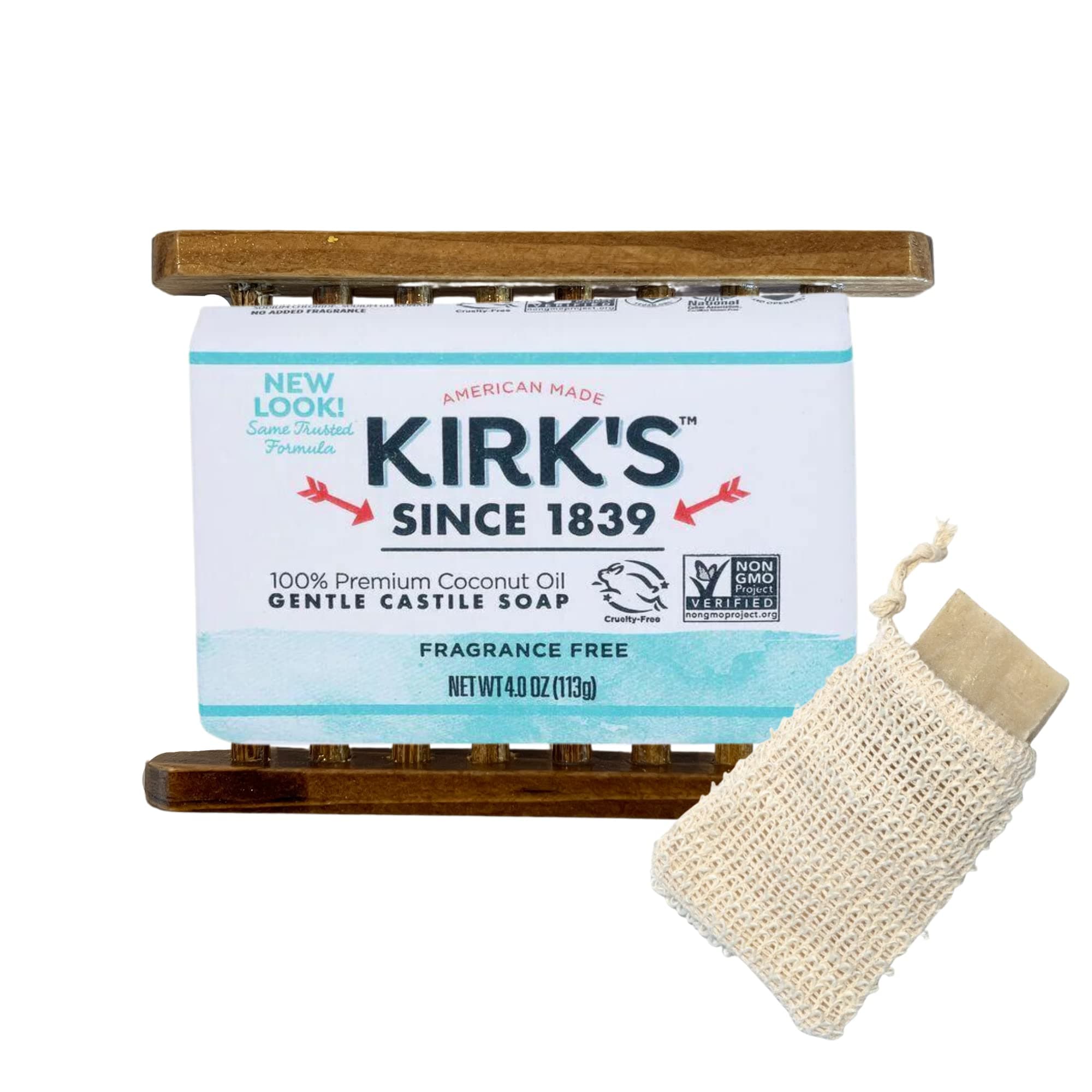 Kirks Pure Castile Soap Premium Coconut Oil Bar Bundle - Includes 1 Kirk's Coco Bath Soap Fragrance Free Bar, Bamboo Natural Soap Holder, Sisal Soap Bag, DIY Laundry Detergent Stain Remover Recipe and