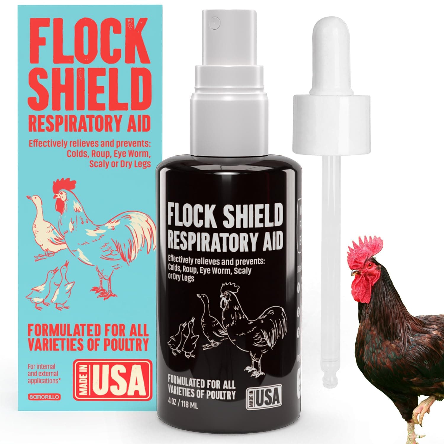 Flock Shield Respiratory Aid for Poultry - [Made in USA] - 4oz Chicken Supplement, Rooster Booster for Respiratory System - Dropper, Spray Top Included - Safe for All Birds - Drinking Water Additive
