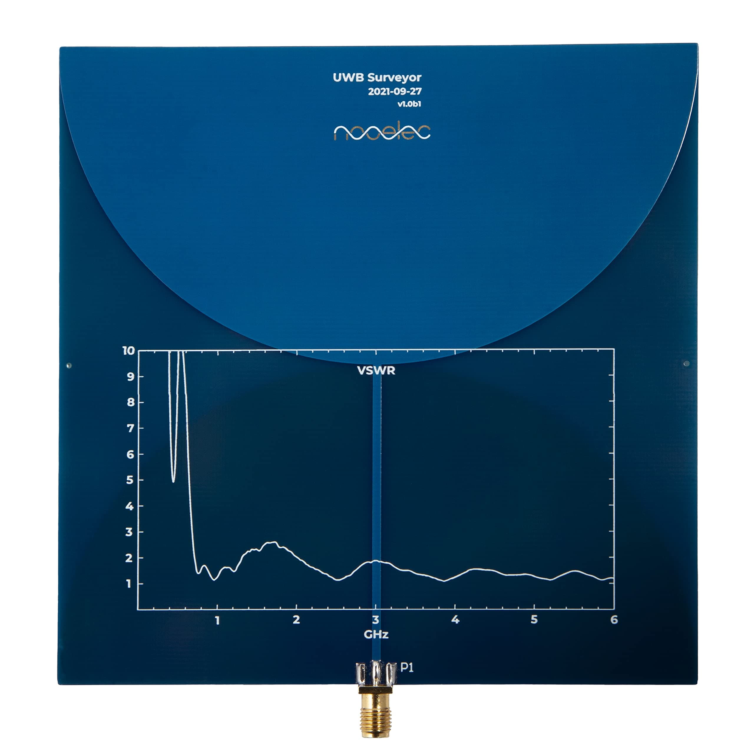 UWB Surveyor Antenna - Extremely Wide Bandwidth Biconical Low-Profile PCB Antenna. Frequency Range of 700MHz to 10GHz, Average Gain of 3dBi. Very Small and Portable with SMA Female Connector