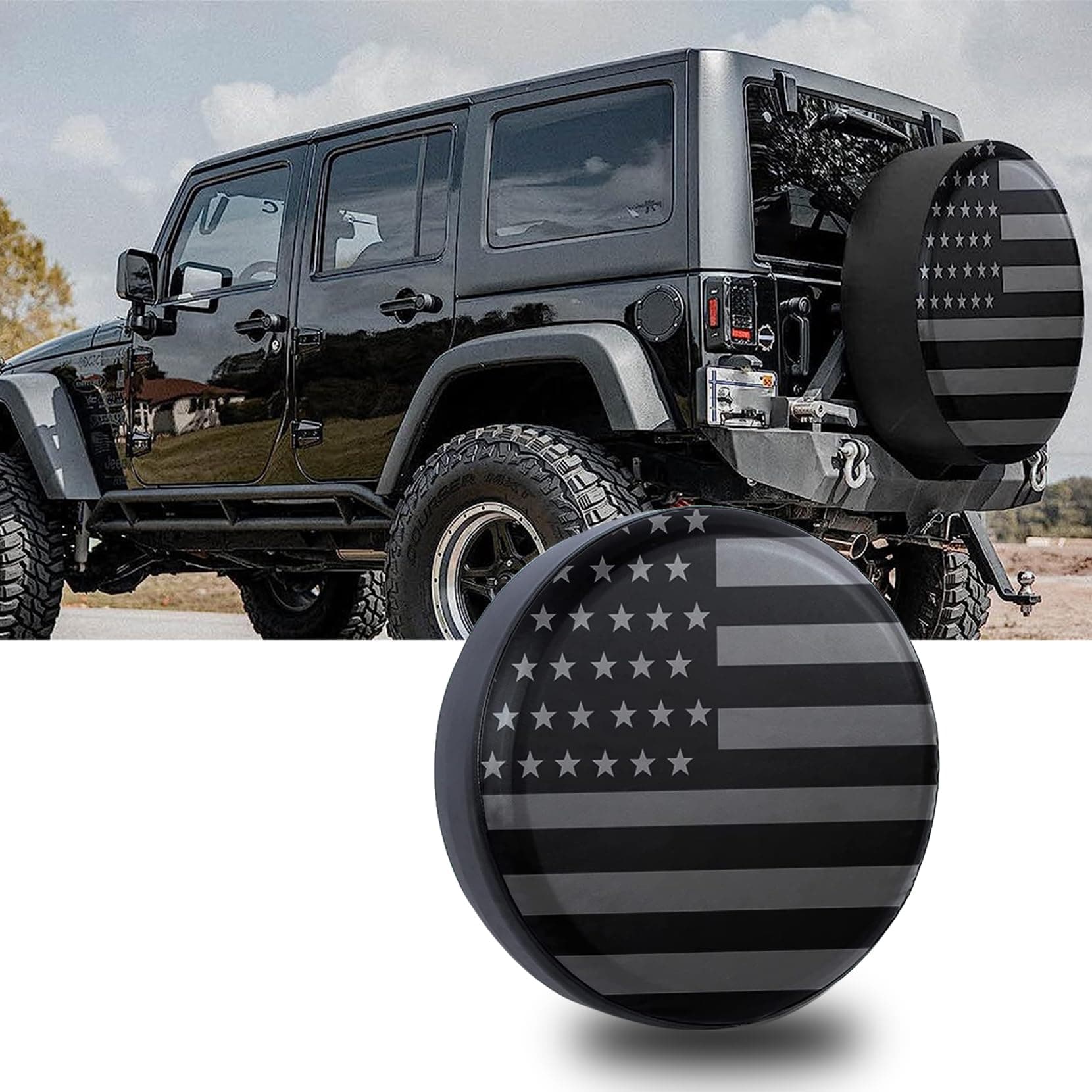 gunhunt 1 PC American Flag Pattern Tire Cover, 16" Car PVC Spare Tire Cover, Spare Tire Waterproof Protective Cover, Applicable to Most Cars, Trucks, SUVs, Trailers (Black)