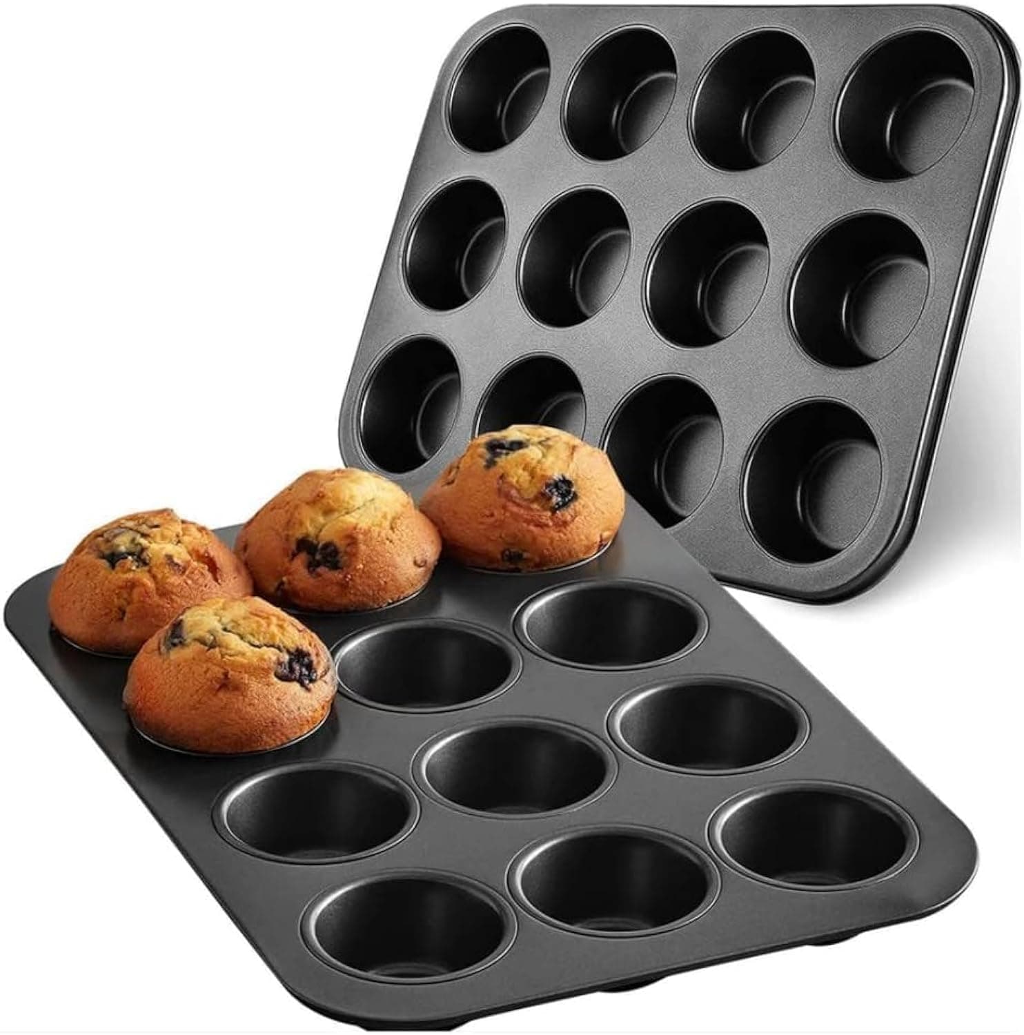 Shinzy [2-Pack] 12 Cup Cupcake Baking tray Non-Stick Carbon Steel Muffin Tray Oven Baking Pan Heat Resistant Bakeware Pan perfect for making Cupcakes, Mini Pie, Tart and Muffins