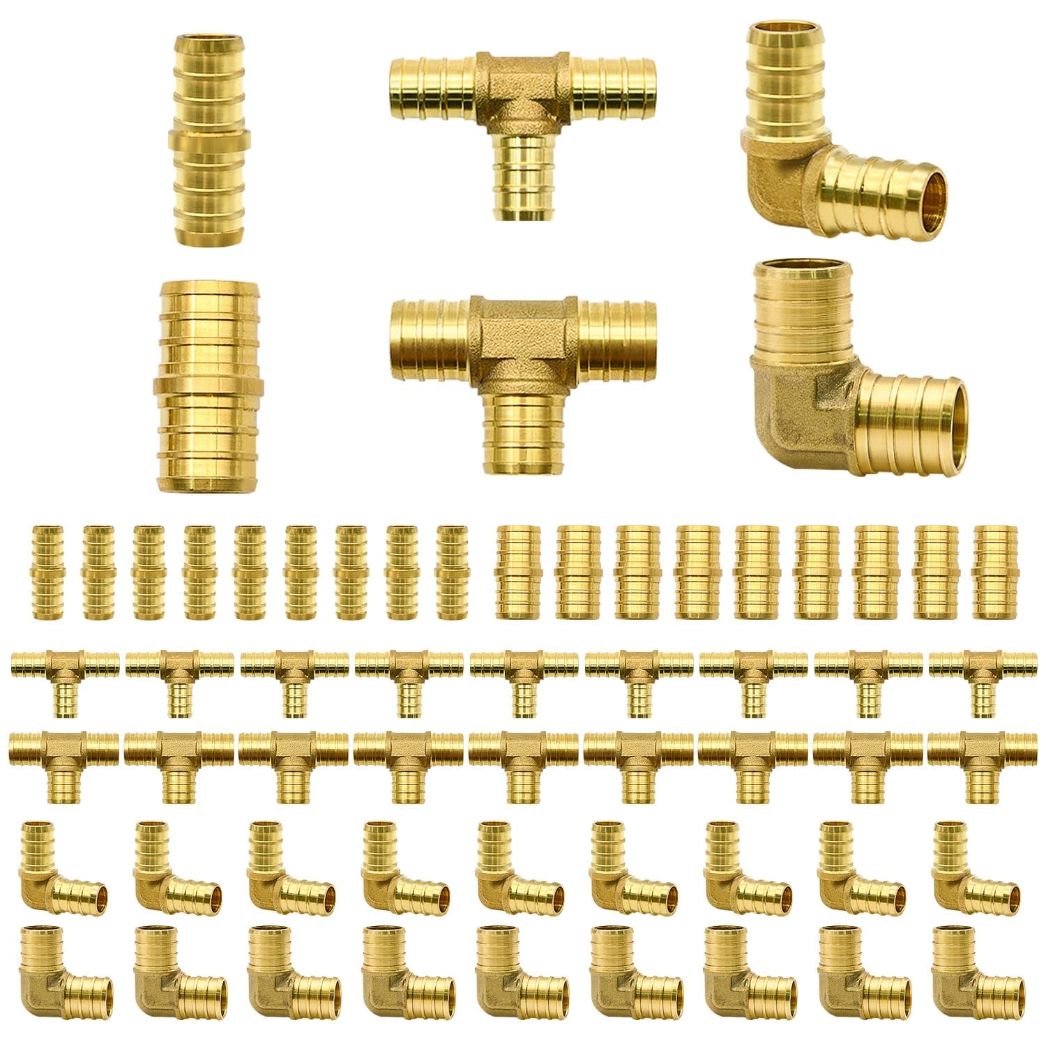 60pcs 1/2" + 3/4" Brass PEX Fittings Set, Including 30pcs 1/2" + 30pcs 3/4", Elbow TEE Coupler Reducer, Pex Crimp Fitting Combo