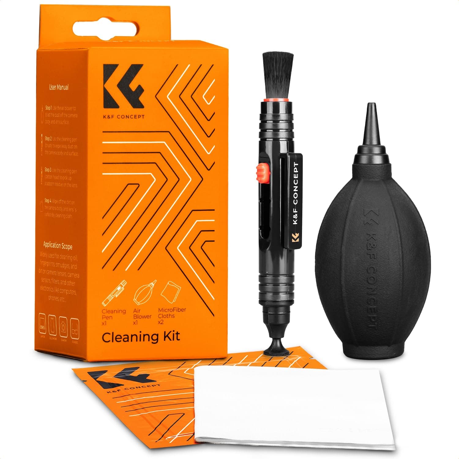 K&F CONCEPT 4-in-1 Camera Cleaning Kit with Lens Brush Pen, Rocket Air Blower, Microfiber Cloth, Lens Cleaner Kit Compatible with Canon Nikon Pentax Sony DSLR Cameras Cleaning Tool Accessories