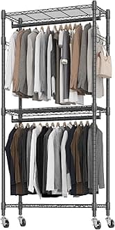 BATHWA Rolling Garment Rack Small Clothes Rack for Hanging Clothes, Portable Clothing Rack with Wheels and Hangers, Adjustable Shelves, Black
