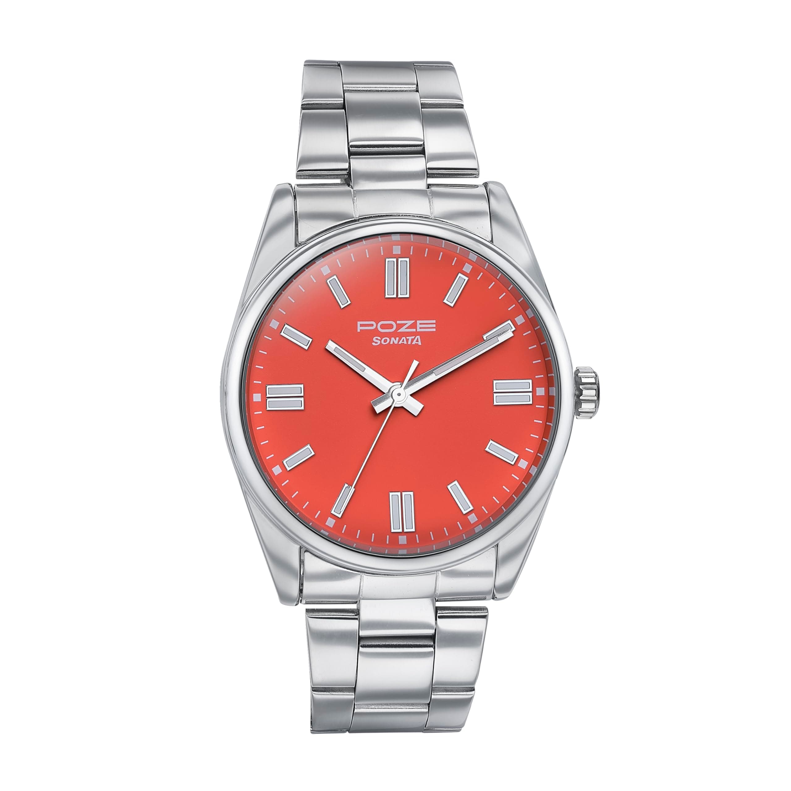 Sonata Poze Quartz Orange Dial Silver Metal Strap Analog Watch for Men-SP70033SM03W