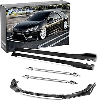 x xotic tech Front Bumper Lip Chin Spoiler+ 2M Side Skirt Winglets Diffusers+ Adjustable 10"-13" Support Rod Universal Fit Most Vehicles, Carbon Fiber w/White