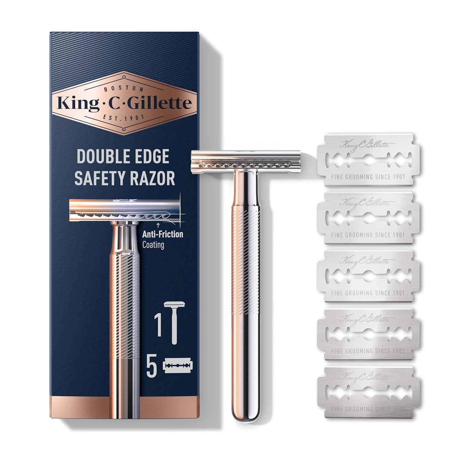 King C. Gillette Double Edge Safety Razor Chrome Plated Handle with 5 pack Platinum Coated Refills
