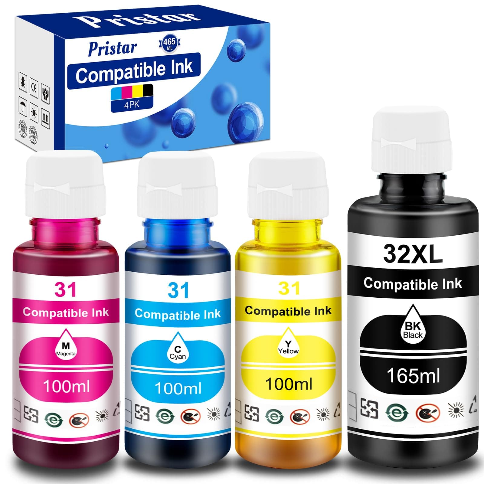 Compatible with HP 31 32XL Ink Bottle Set Compatible with HP Smart Tank 7301 7001 7602 5000 6001 5101 5102 5103 Plus 651 551 455 457 450 All-in-One Printer (165 ML 32XL Black Ink 100 ML 31 CMY