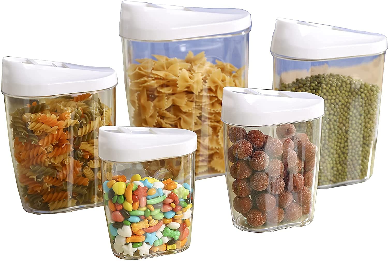 Locking Clear Acrylic Plastic Food Storage Jars Canister Set Ideal for Sugar, Tea, Coffee, Rice, Pasta etc with Airtight Lids Capacity 5 Pcs Different Size 1440ml 960ml 720ml 480ml 300ml